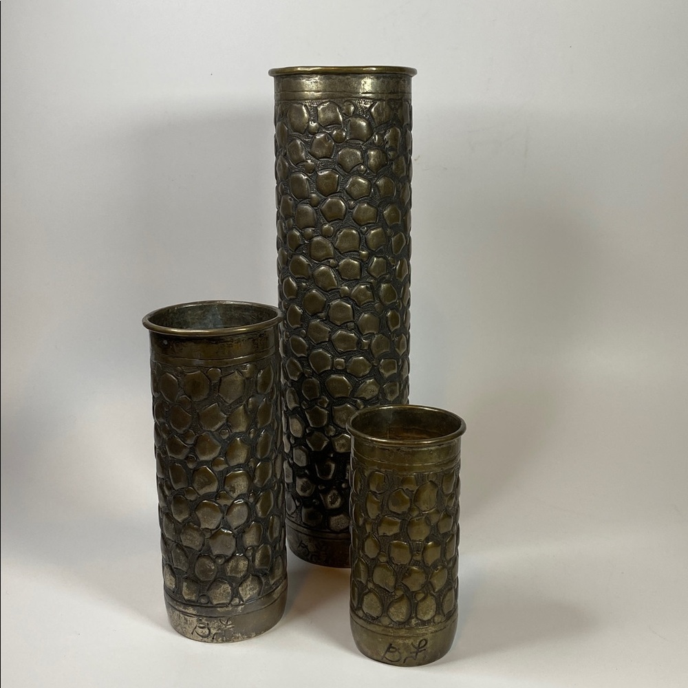 Vintage Brutalist Textured Metal Trench Art Vases - Set of 3